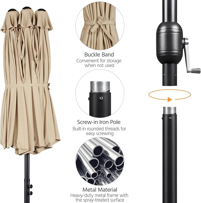 Yaheetech Dubbele Parasol 15FT met Solar LED Verlichting en Voet - Beige - Extra Grote Tuinparasol met Zandzakken