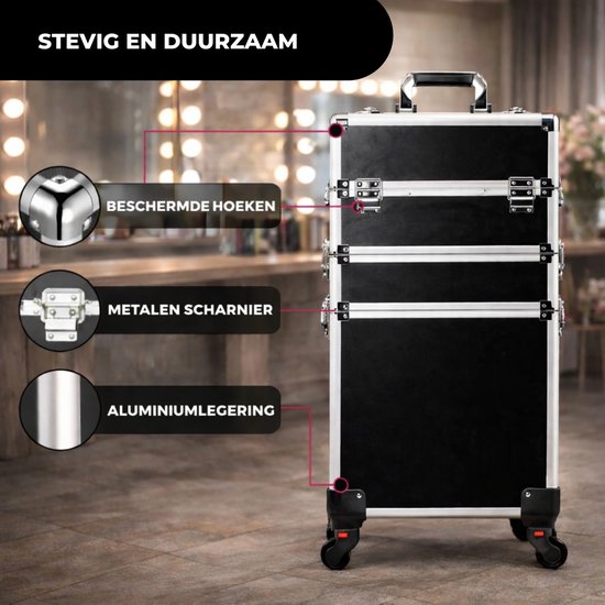 Travli Make Up Trolley - Make up koffer - Kapperskoffer - Beautycase - Cosmetica koffer - 106* 40* 31,5 cm - Zwart
