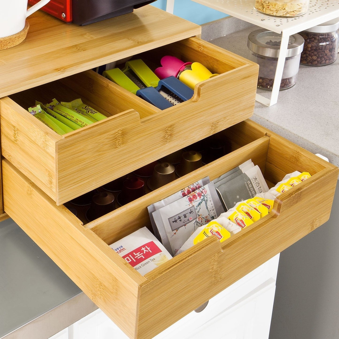 SoBuy Capsulehouder met 2 Lades - Bamboe - 30 x 18 x 31 cm