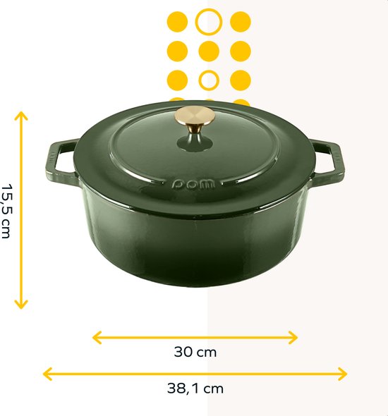 MOA Gietijzeren Braadpan - 7,2L - Voor Alle Warmtebronnen incl. Inductie - Met Deksel - Ø 30cm - Anti-Aanbaklaag - Groen