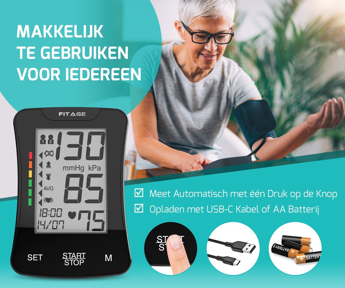 FITAGE Medische Bloeddrukmeter Bovenarm - Bloeddrukmeters - Hartslagmeter - Blood Pressure Monitor - Manchet 22-42cm