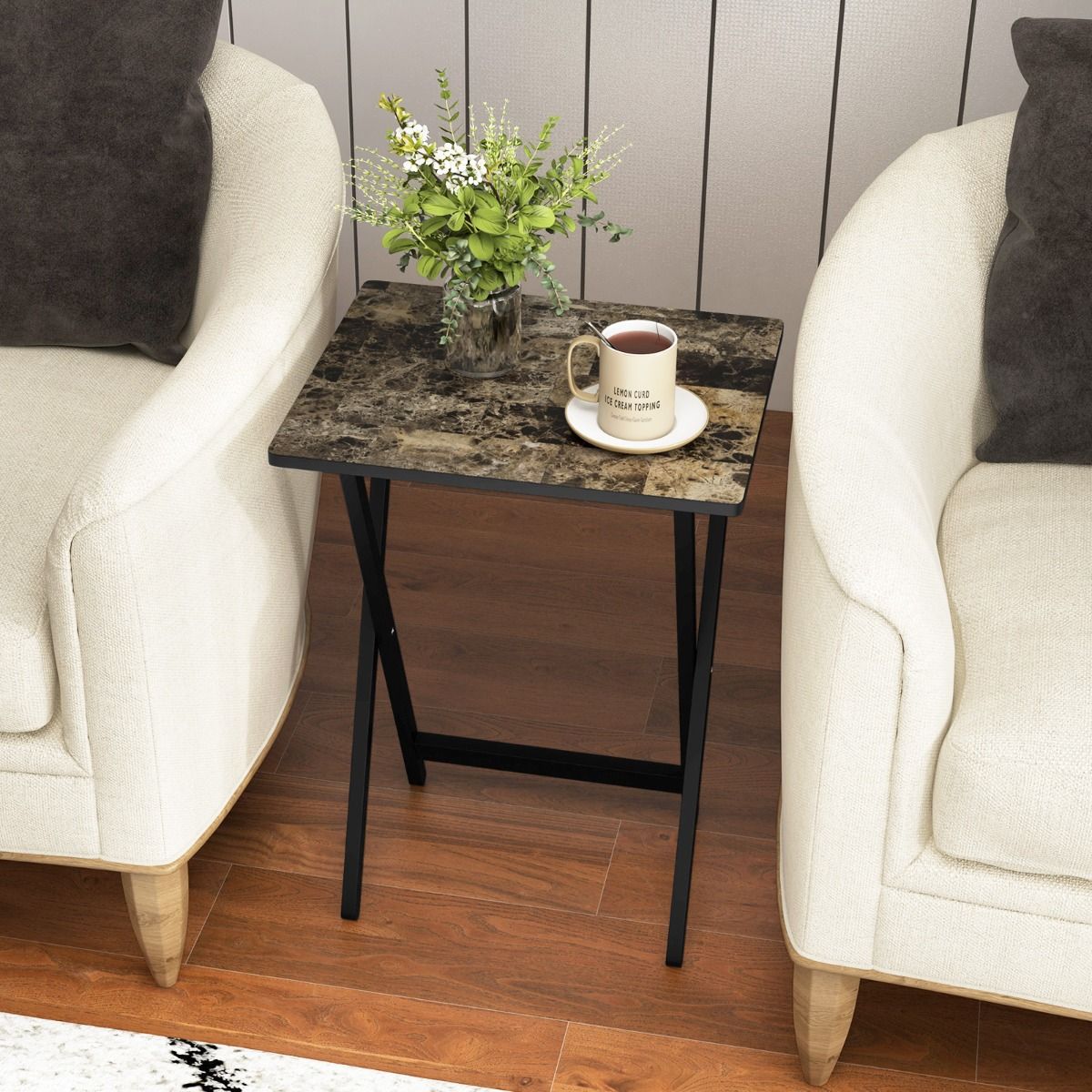 Coast 4-delige Klaptafelset TV-Snacktafel - Inklapbaar, Met Opbergstandaard, Marmerlook - 48 x 40 x 67 cm - MDF/Rubberhout - Zwart