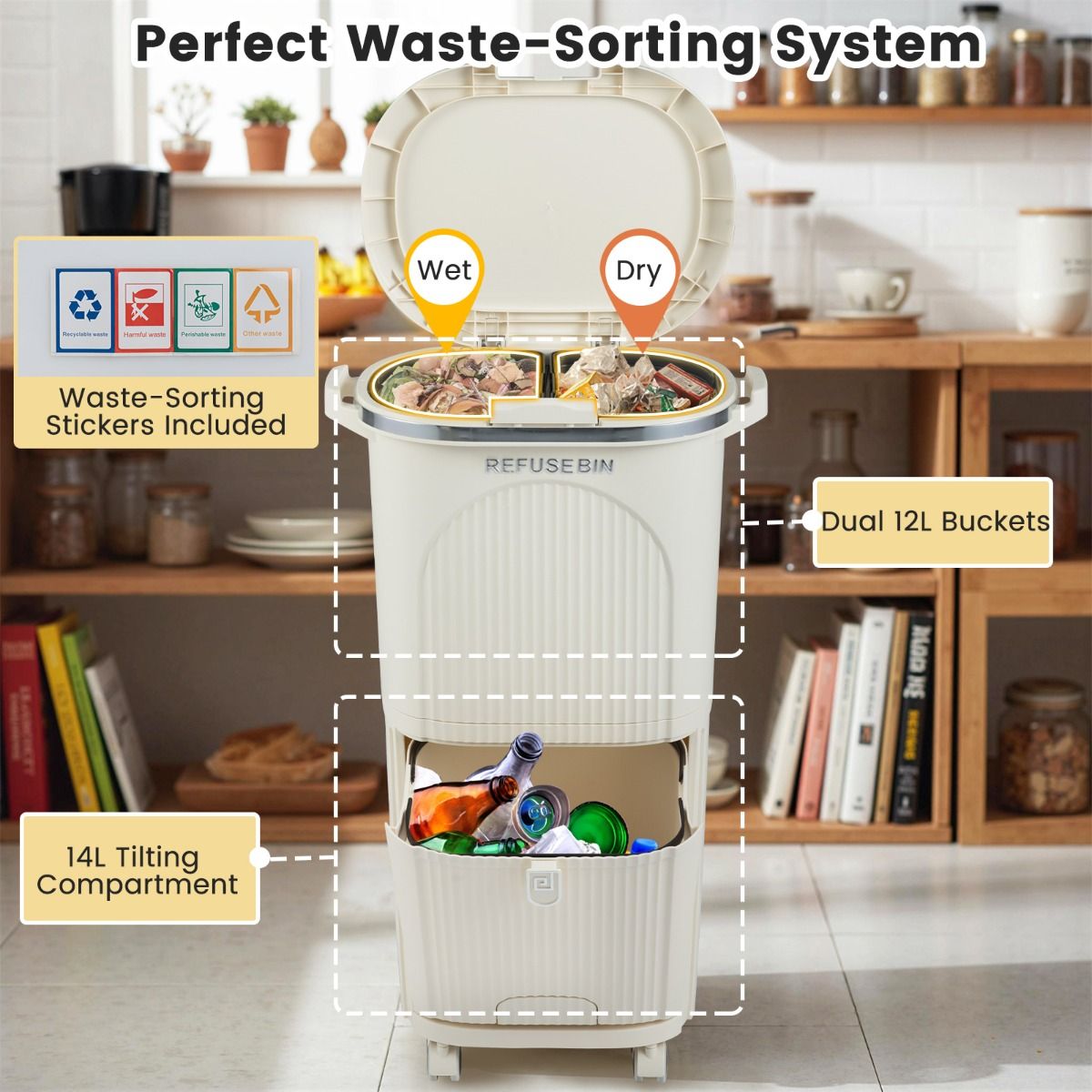 Coast Afvalscheidingsprullenbak op Wielen - 3 Compartimenten - Pedaal en Drukknop - Beige - 38 Liter