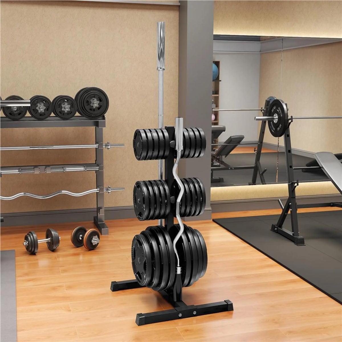 Yaheetech Halterrek 68,5 x 61 x 113 cm - Zwart - 400 kg - 6 Schijfhouders - 2 Halterhouders