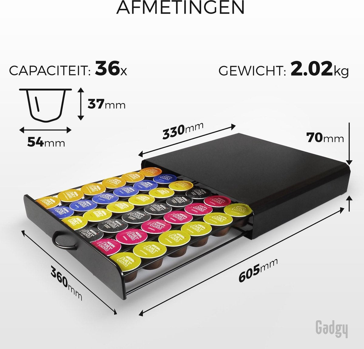 Gadgy Dolce Gusto Capsulehouders - Capsulehouder met lade - Koffie Cuphouder 36 capsules - Padhouder - RVS - Zwart - Vaderdag Cadeau