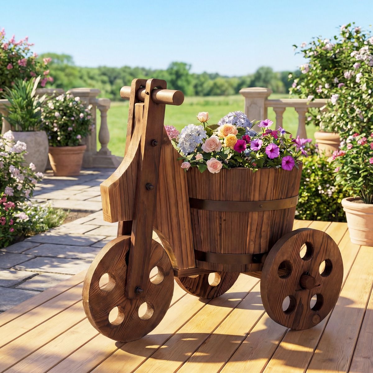 Coast Houten driewielige plantenbak - tonvormig - met afwateringsgat - bruin 47 x 32 x 43,5 cm
