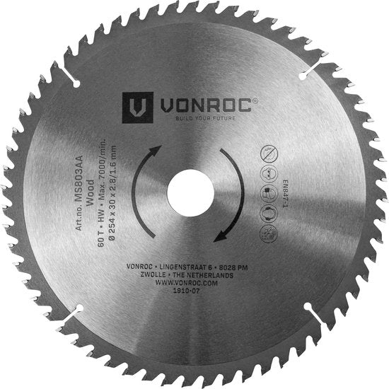 VONROC Zaagblad – Ø254MM – 60 tanden – voor hout – geschikt voor afkortzagen & tafelzagen