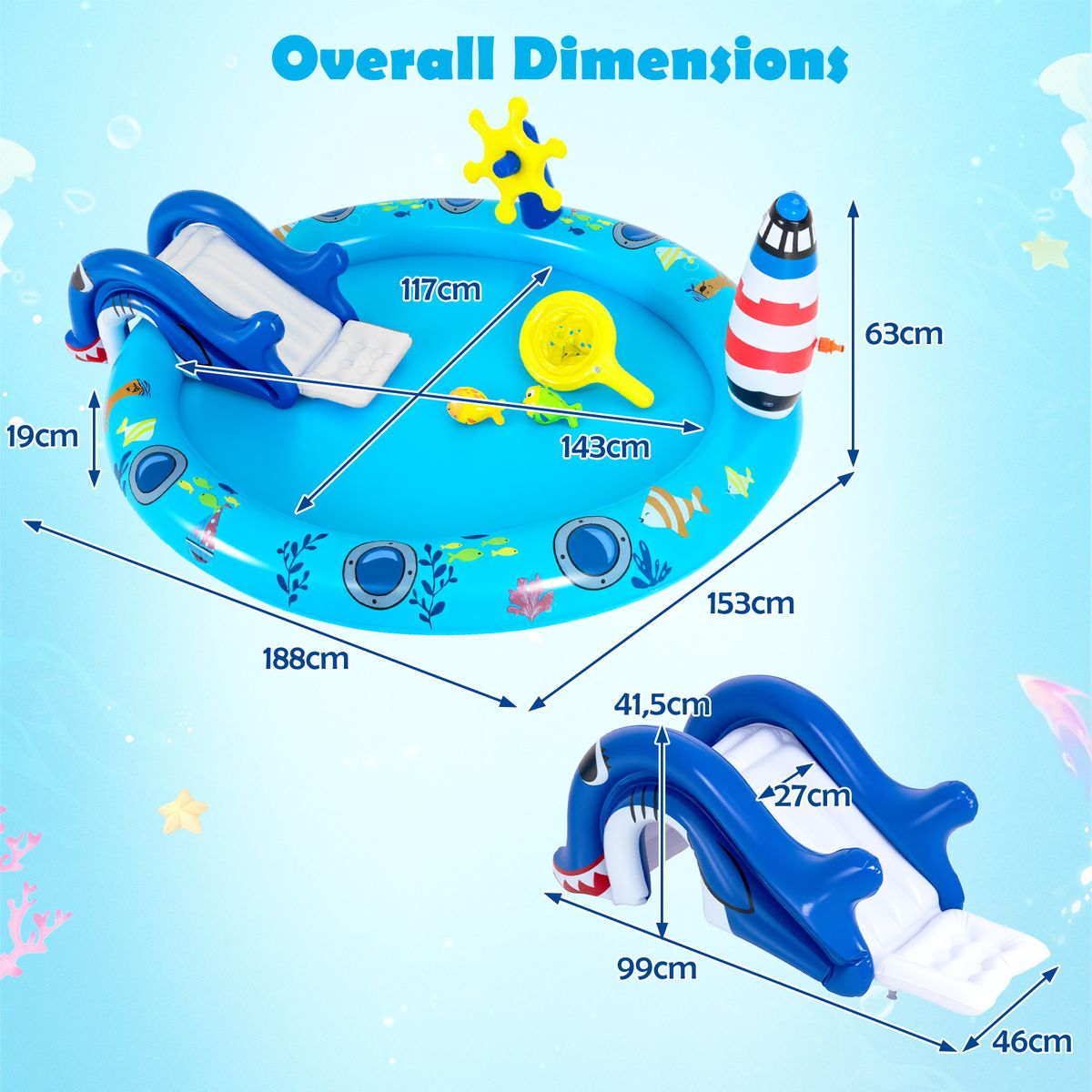 Coast Opblaasbaar Kinderzwembad - Waterspeelcentrum met zee-thema - Haai-glijbaan en sproeier - Multikleur 188 x 153 x 63 cm