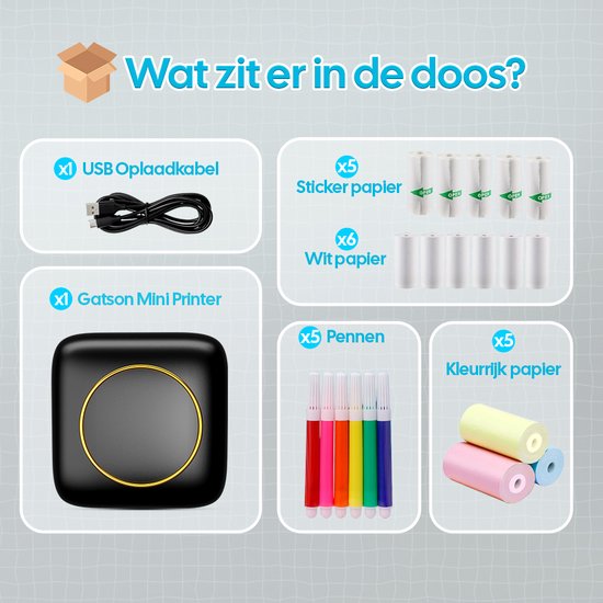 Gatson Mini Printer - Inclusief 14 Rollen Papier (Sticker, Normaal & Kleur) + 5 pennen - Mini Printer voor Mobiel - Pocket Printer - Mobiele Fotoprinter