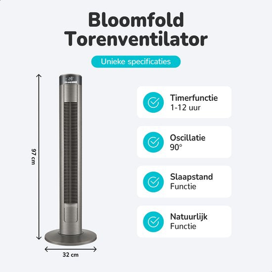 Bloomfold Toren Ventilator - 38 inches - Grijs - Afstandsbediening - Slaapstand - 12 uur Timer - Full Led Display