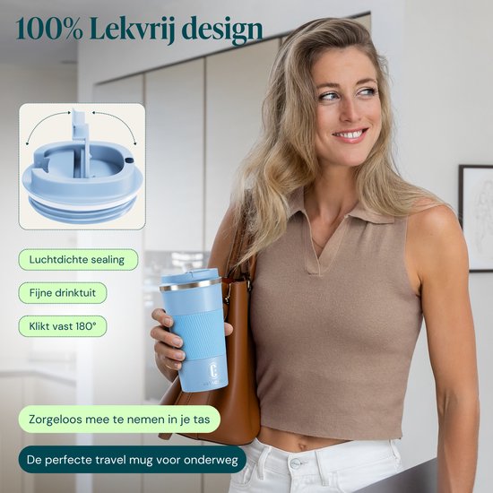 Castagnola Thermosbeker - Koffiebeker To Go - Travel Mug voor Koffie en Thee - Theebeker - 510 ML - RVS - Lichtblauw