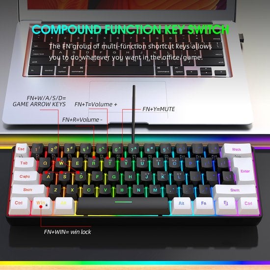 HXSJ V700 RGB Compact Gaming Toetsenbord Qwerty 61 toetsen met achtergrondverlichting Zwart/Wit