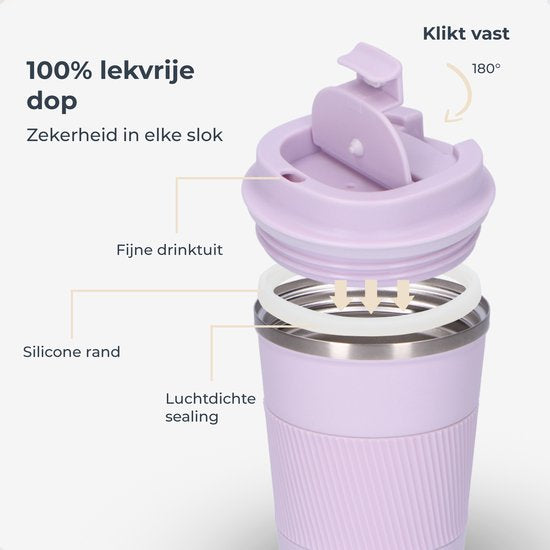Castagnola Thermosbeker - Koffiebeker To Go - Travel Mug voor Koffie en Thee - Theebeker - 380 ML - RVS - Lichtpaars
