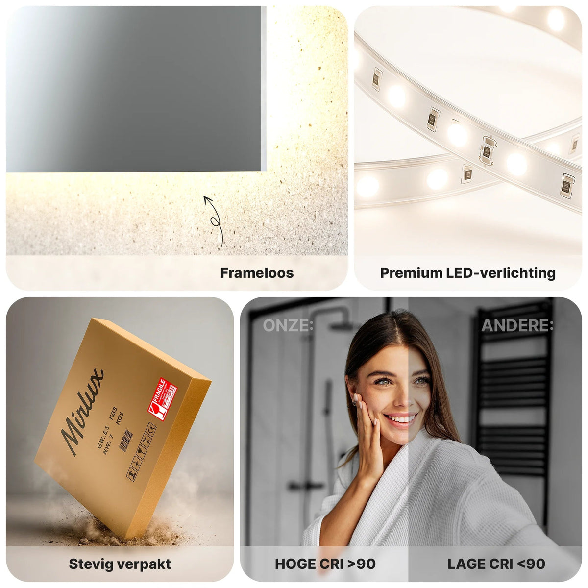 Mirlux Badkamerspiegel - 120 x 60 cm - Frameloos - LED en Anti-condens