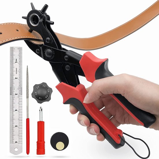 SolidStock Gaatjestang voor riem - met Meetlat - Ponstang - Revolvertang - Gatentang - Rood