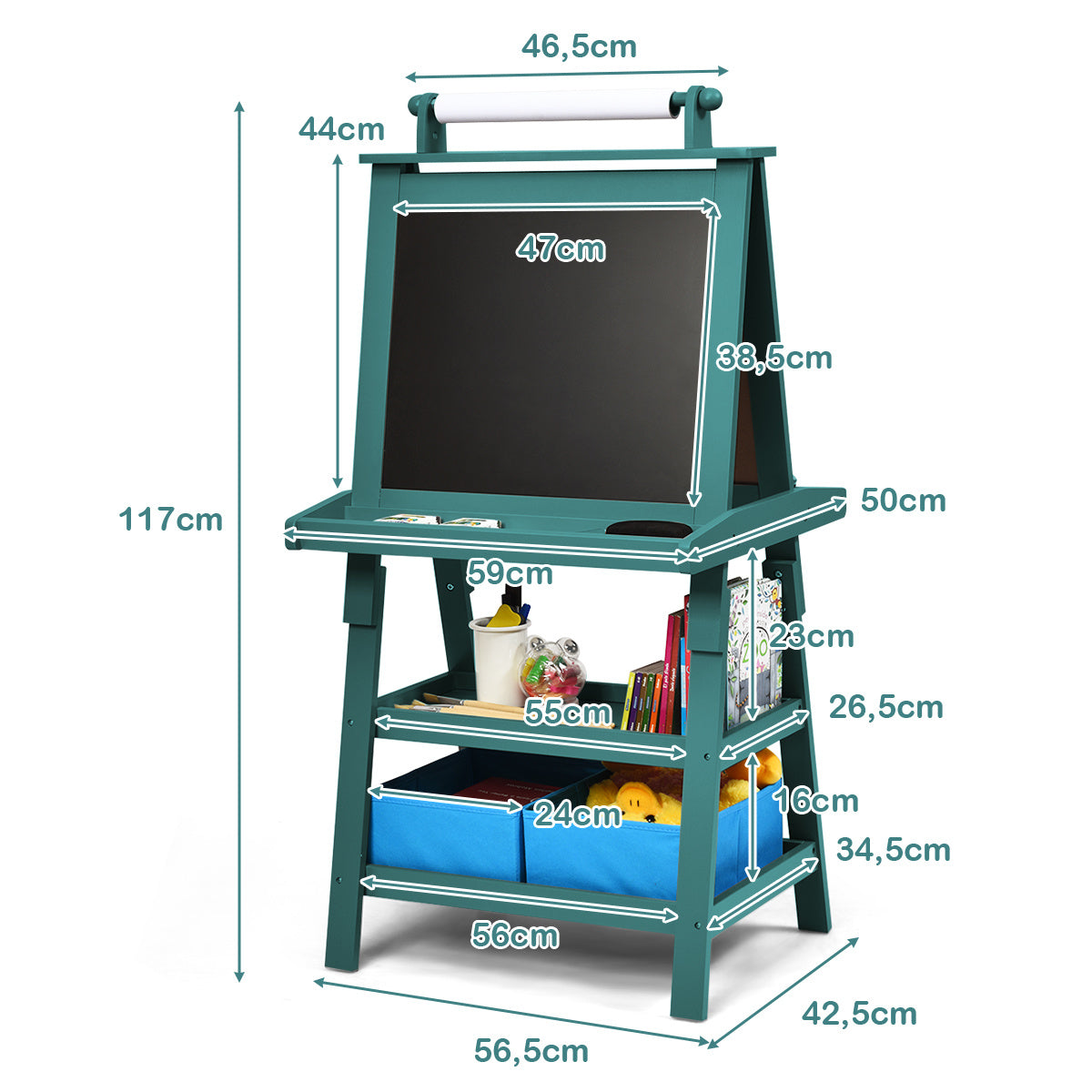 Coast 3 in 1 Ezel Voor Kinderen Dubbelzijdig Whiteboard & Krijtbord - 59 x 50 x 117 cm - Blauw