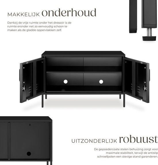 tectake® Stalen Dressoir - TV Meubel - 100 x 42,5 x 65 cm - Commode - Verstelbare Planken - 2 Deuren met Magneetsluiting - Lowboard - Metalen Kast - Zwart