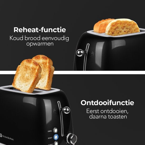 KitchenBrothers Retro Broodrooster - Toaster - 6 Warmteniveaus - 2 Extra Brede Sleuven - 815W - Zwart