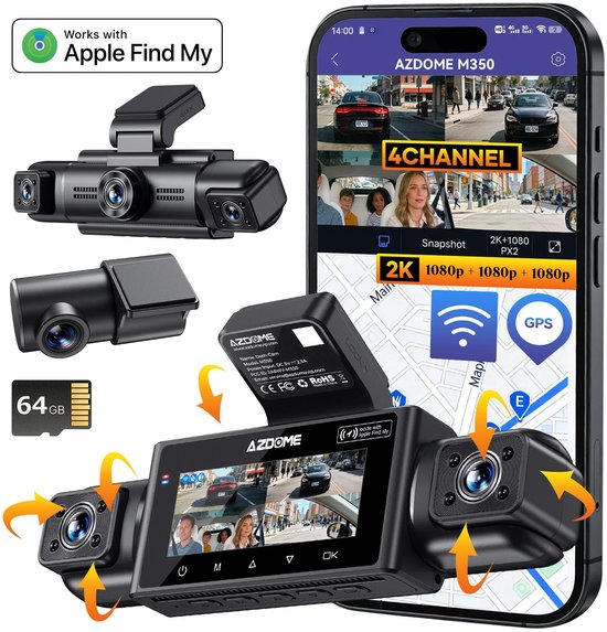AZDome M350 4CH Dashcam - 2K + 3x Full HD - Wifi - GPS - 64GB
