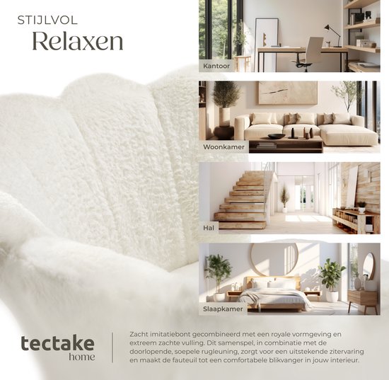 tectake® Fauteuil Stella - Kuipstoel met armleuning – Comfortabele Eetkamerstoel – Keukenstoel – Dikke vulling – Voor woonkamer en eetkamer – Met imitatiebont bekleding - crème/zwart