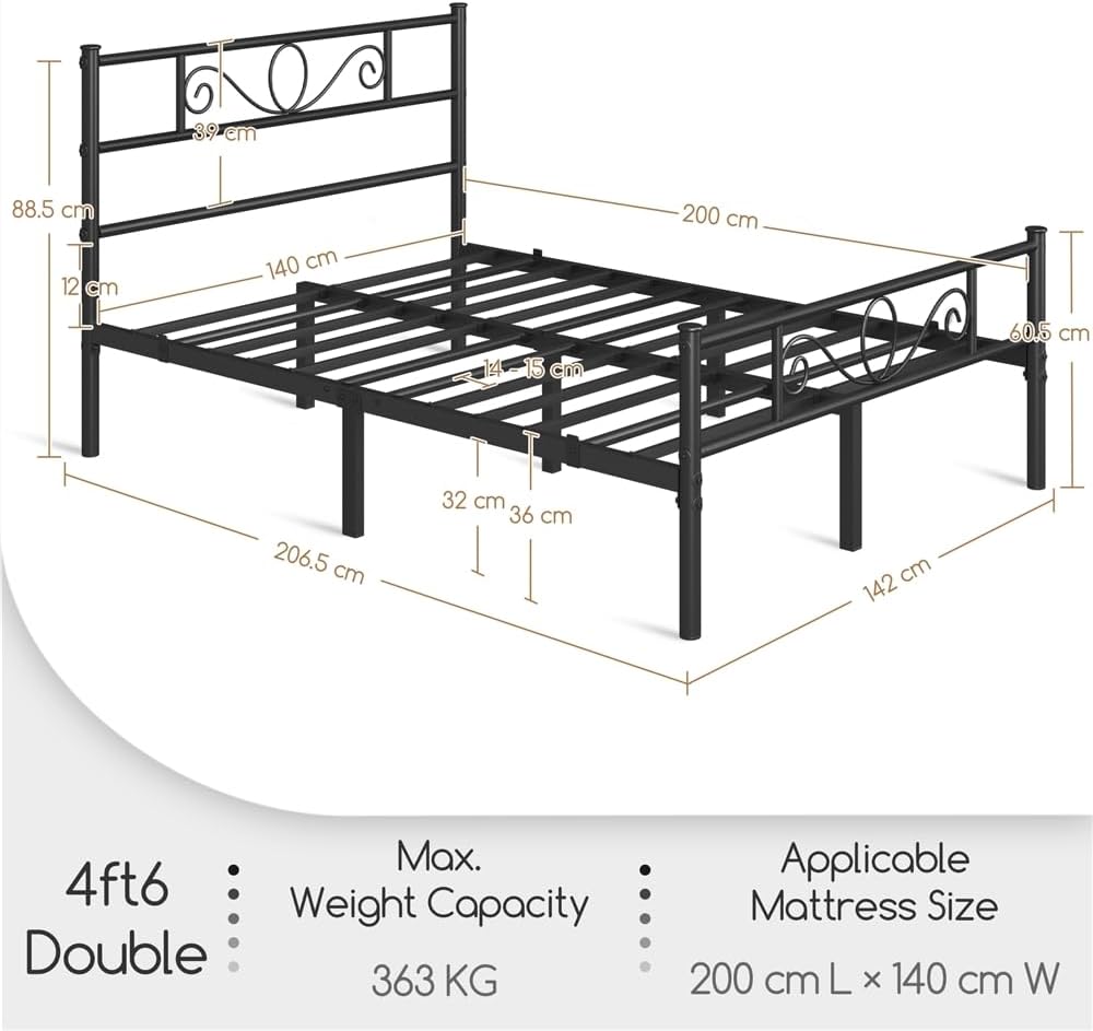 Yaheetech Metalen Bedframe 140 x 200 cm - Zwart - Modern Hoofdbord - Extra Opbergruimte