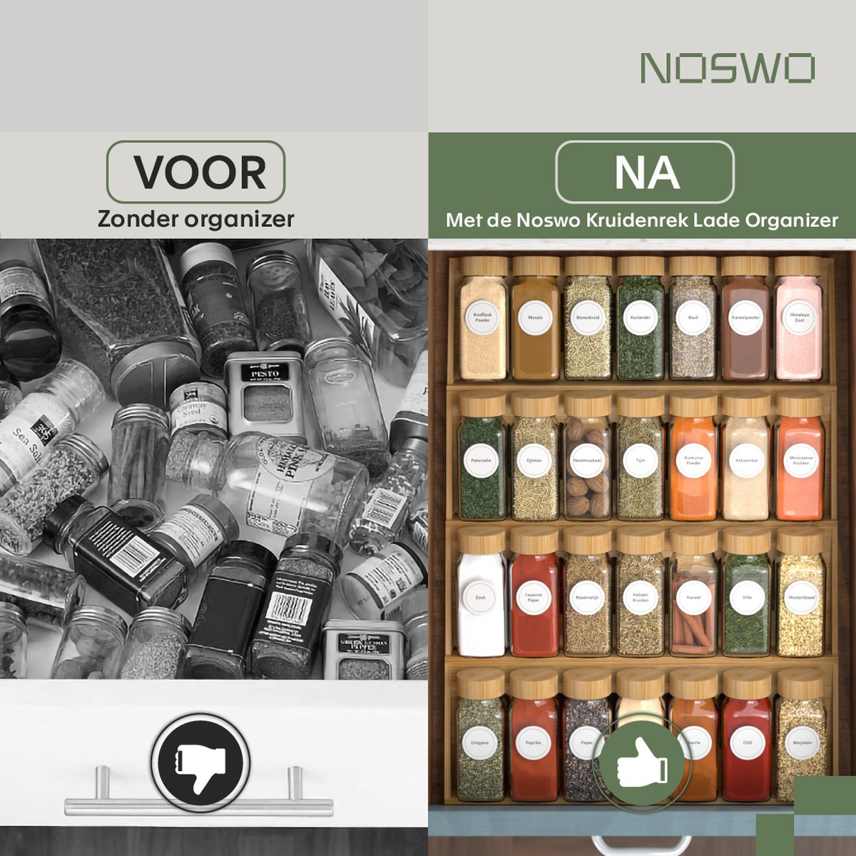 Noswo Kruidenrek Lade - Met 28 Potjes - Complete Set - Vierkant - Strooideksel en Labels - Kruiden Organizer - Keukenlade Organiser - Bamboe
