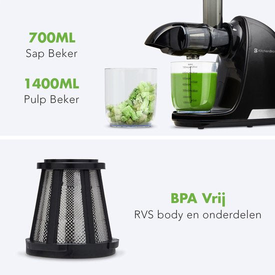 KitchenBrothers Slowjuicer - Juicer - Groenten en Fruitpers - 700ml - Met Pulpreservoir - Juice Maker - Zwart