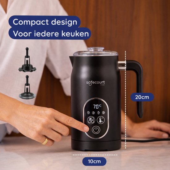 Safecourt Kitchen Melkopschuimer 4-in-1 – Elektrisch – Zwart – Voor Cappuccino & Latte