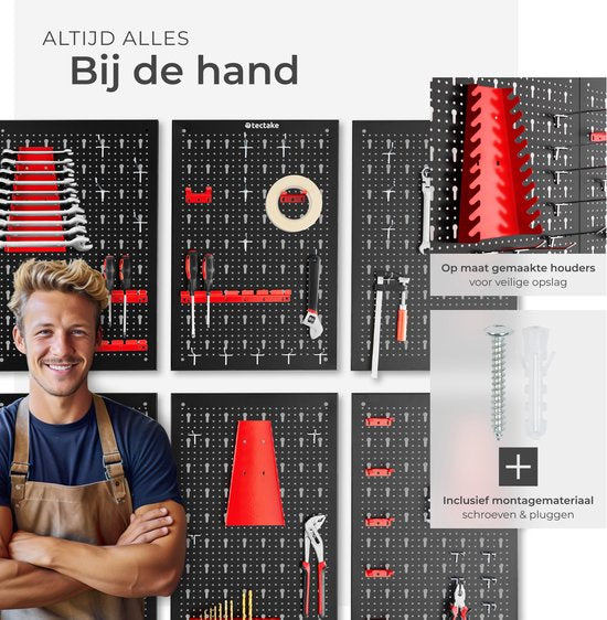 tectake® 6-delige Gereedschapswand van Metaal - 240 x 60 cm - Gepeforeerde Plaat - Gereedschapshouder set inclusief Haken - Wandrek systeem voor Werkbank, Garage, Gereedschap - Werkplaatsinrichting - Gereedschapsbord - Pegboard