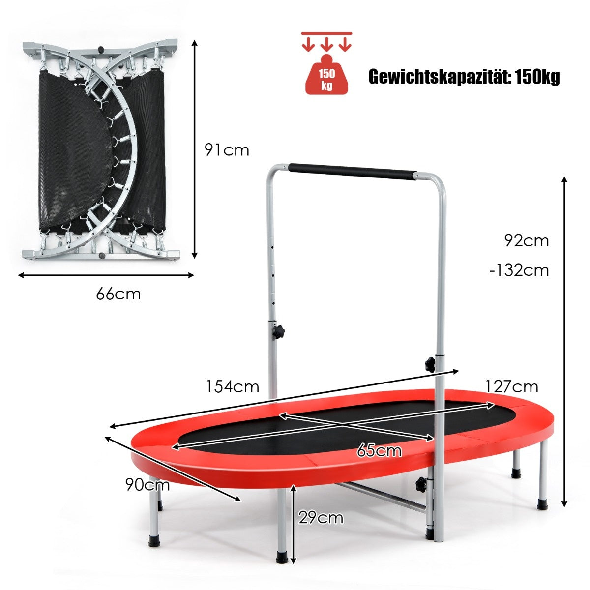 Coast dubbele trampoline opvouwbare fitnesstrampoline met verstelbare leuning 154 x 90 x 92 -132 cm rood