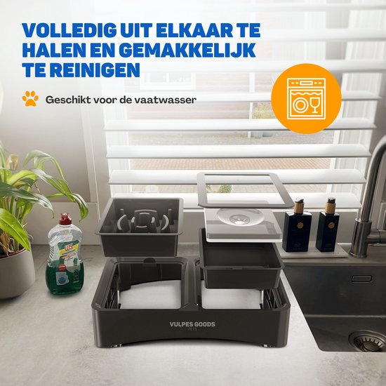 Vulpes Goods® Pets - Voerbak Hond met Standaard - Drinkbak Hond Anti Knoei - Anti Schrokbak Hond - Verhoogde Voerbak - 4 Hoogtes - Slow Feeder - Dubbel - Zwart