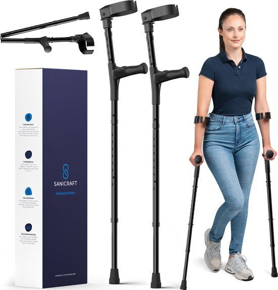 Sanicraft® Krukken - Elleboogkrukken - Revalidatie - Loopkrukken - Verstelbaar - Ergonomische Gel Handvaten - 2 Stuks - Inklapbaar - Zwart