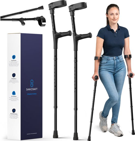 Sanicraft® Krukken - Elleboogkrukken - Revalidatie - Loopkrukken - Verstelbaar - Ergonomische Gel Handvaten - 2 Stuks - Inklapbaar - Zwart