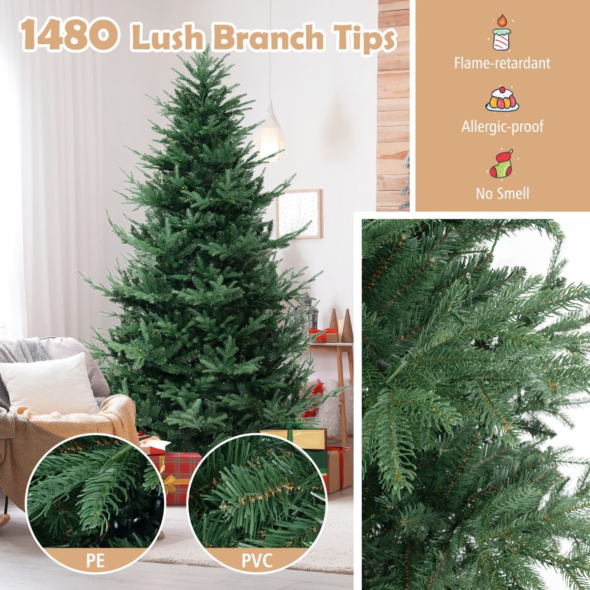 Coast Kunstkerstboom 240 cm Groen – Scharnierend – Voorverlicht met 450 Warm Witte LED’s – Vol & Realistisch – Met Metalen Standaard
