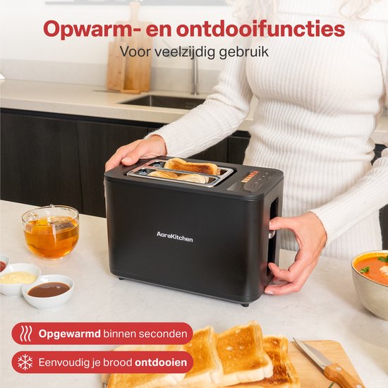 AoraKitchen Broodrooster met Tostiklemmen - 6 Warmteniveaus - Led Scherm - Toaster - Timer - Zwart