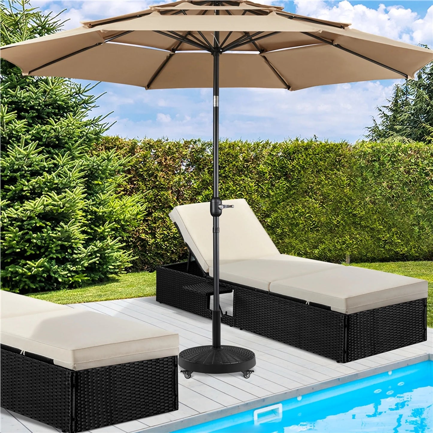 Yaheetech Parasolvoet Op Wielen 24 kg – Voorzien Van 4 Zwenkwielen Met Rem En Twee Adapters Voor Ø 38 mm En Ø 48 mm – Voor Terras En Tuin – Zwart Kunsthars En Metaal – 52 x 52 x 42 cm
