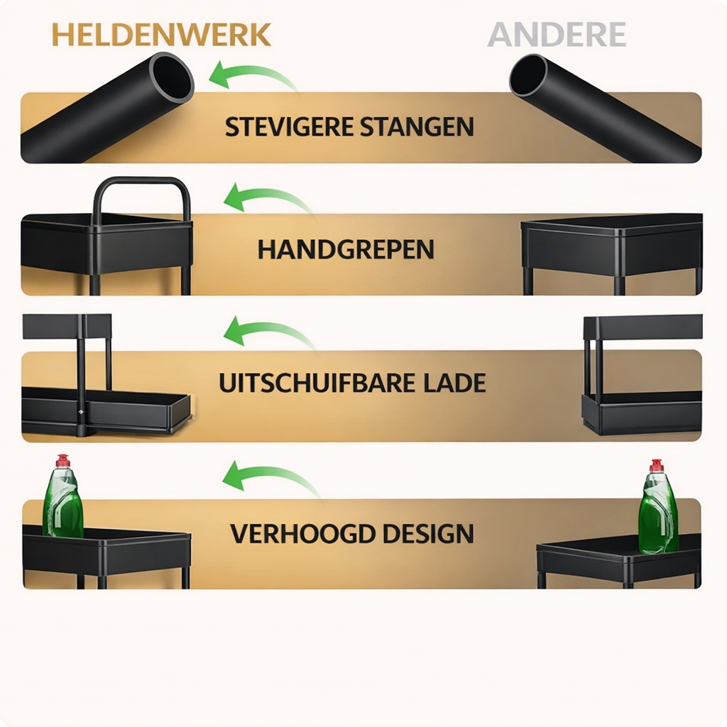 HELDENWERK - Wastafelonderkast Organizer & Keukenorganizer - 2 Stuks - Zwart ABS Kunststof - Uittrekbaar met 2 Niveaus - Voor Keuken & Badkamer - Inclusief Haken & Bakjes - Maximale Opbergruimte