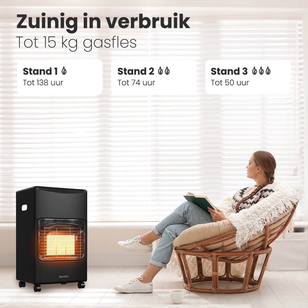 Auronic Mobiele Gaskachel - met Wieltjes - tot 60 m² - 4100W Gas Heater - Inclusief Gasdrukregelaar en Gasslang - Zwart