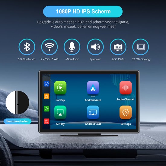 Strolox Carplay scherm 9 inch - Geschikt voor Apple carplay & Android Auto - Draadloze - Navigatiesysteem - Universeel Auto Stereo Bluetooth - USB-C aansluiting - 2 montage beugels - 2024