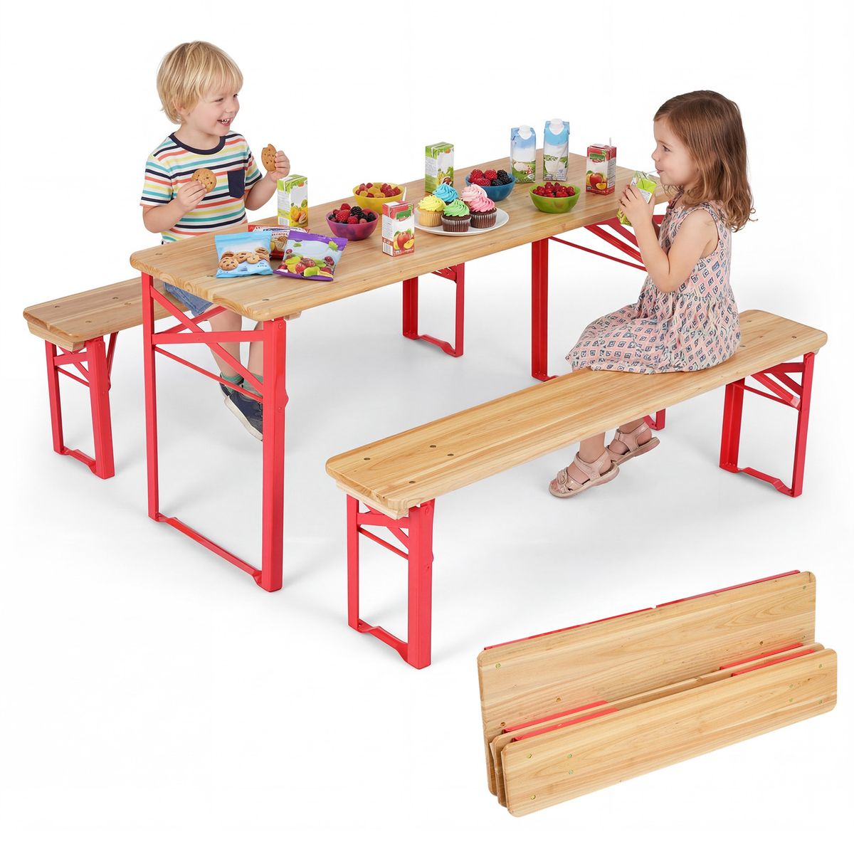 Coast Kinderpicknickset - opvouwbare picknicktafel met 2 banken - vurenhout en metaal - rood