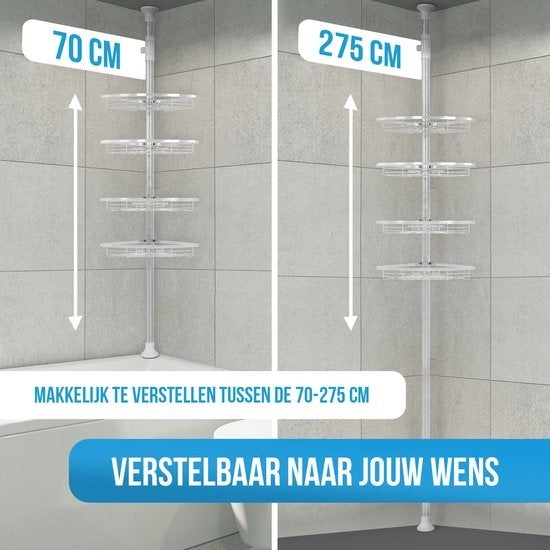 Strex Doucherek RVS - Verstelbaar 70-275 cm - 4 Mandjes - Robuuste Kwaliteit -  zonder Boren of Schroeven -