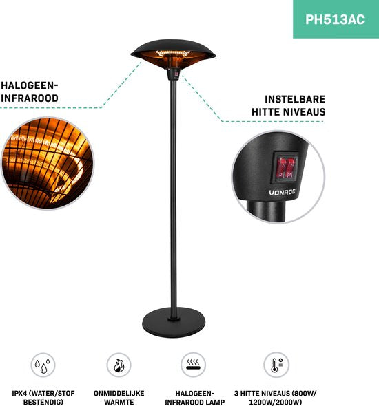 VONROC – Terrasverwarmer Staand – 2000 W & 360 Graden Straling – Voorzien Van 3 Standen En Kantelbeveiliging – Voor Veranda En Overkapping – Matzwart Metaal