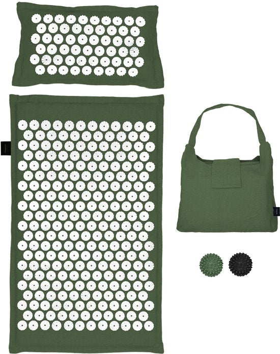 LifeGoods Acupressuur Mat Eco - met Kussen - Shakti mat - Spijkermat Incl. 2x Triggerpoint Bal en Draagtas - 72x43x2cm - Groen/Wit