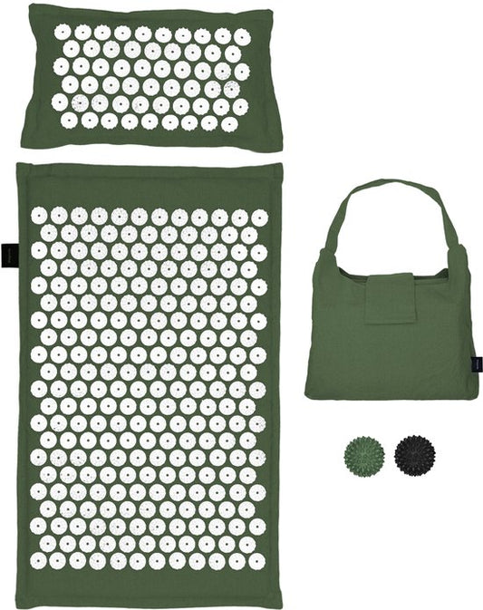 LifeGoods Acupressuur Mat Eco - met Kussen - Shakti mat - Spijkermat Incl. 2x Triggerpoint Bal en Draagtas - 72x43x2cm - Groen/Wit