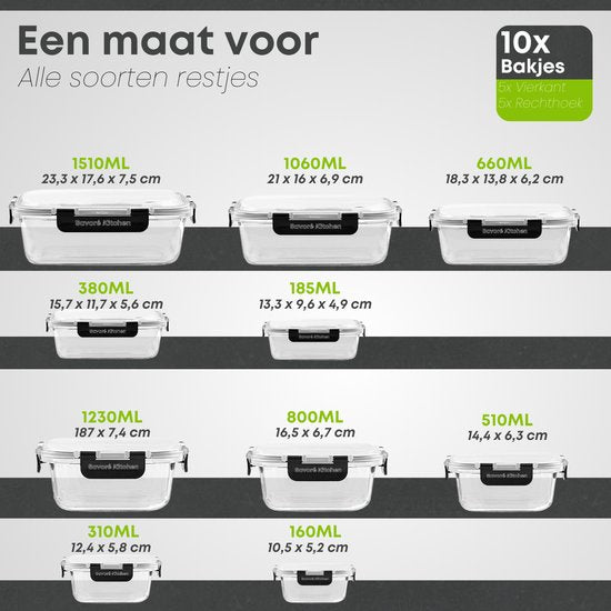 Savoré Kitchen Vershoudbakjes Set - Meal Prep Bakjes - Diepvriesbakjes Glas - Luchtdicht - 10 Stuks