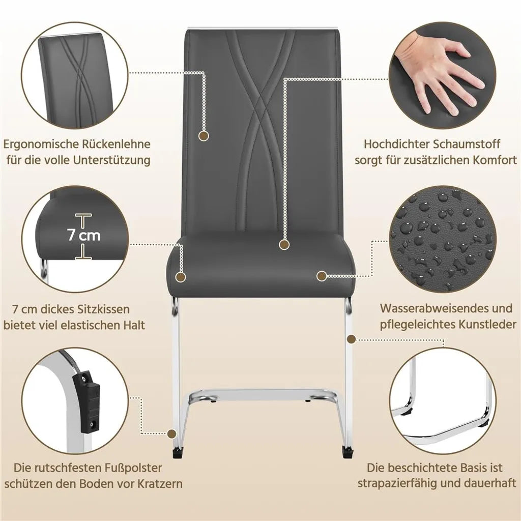 Yaheetech Set van 2 Eetkamerstoelen 59 x 40,5 x 98,5 cm - Donkergrijs - Kunstleren Cantilever Stoelen