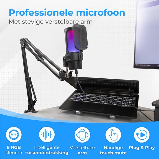 Nuvance - USB Microfoon met Arm - voor PC en Gaming Microfoon - met Ruisfilter - Inclusief USB-C Converter - Streaming Microphone - RGB
