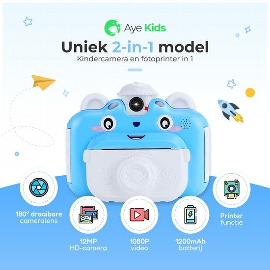 AyeKids Instant Print Kindercamera - Thermische Mini Printer - Fotoprinter - Inclusief 3 rollen & 12 Kleur Stiften - Blauw