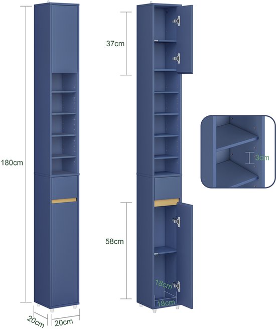 SoBuy Badkamerkasten hoog - Opbergkast met Verstelbare Planken en Lade - Kolomkast Badkamer - Blauw, 20x20x180cm, BZR34-II-B - voor Badkamer, Woonkamer, Slaapkamer