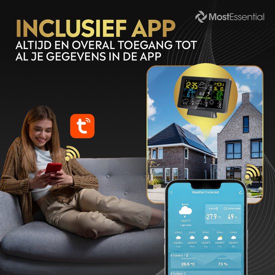 MostEssential Weerstation Wifi Edition - Draadloos Weerstation met Buitensensor - Hygrometer - Binnen en Buiten - 150 Meter Bereik - Inclusief App - Zwart - 2 sensors